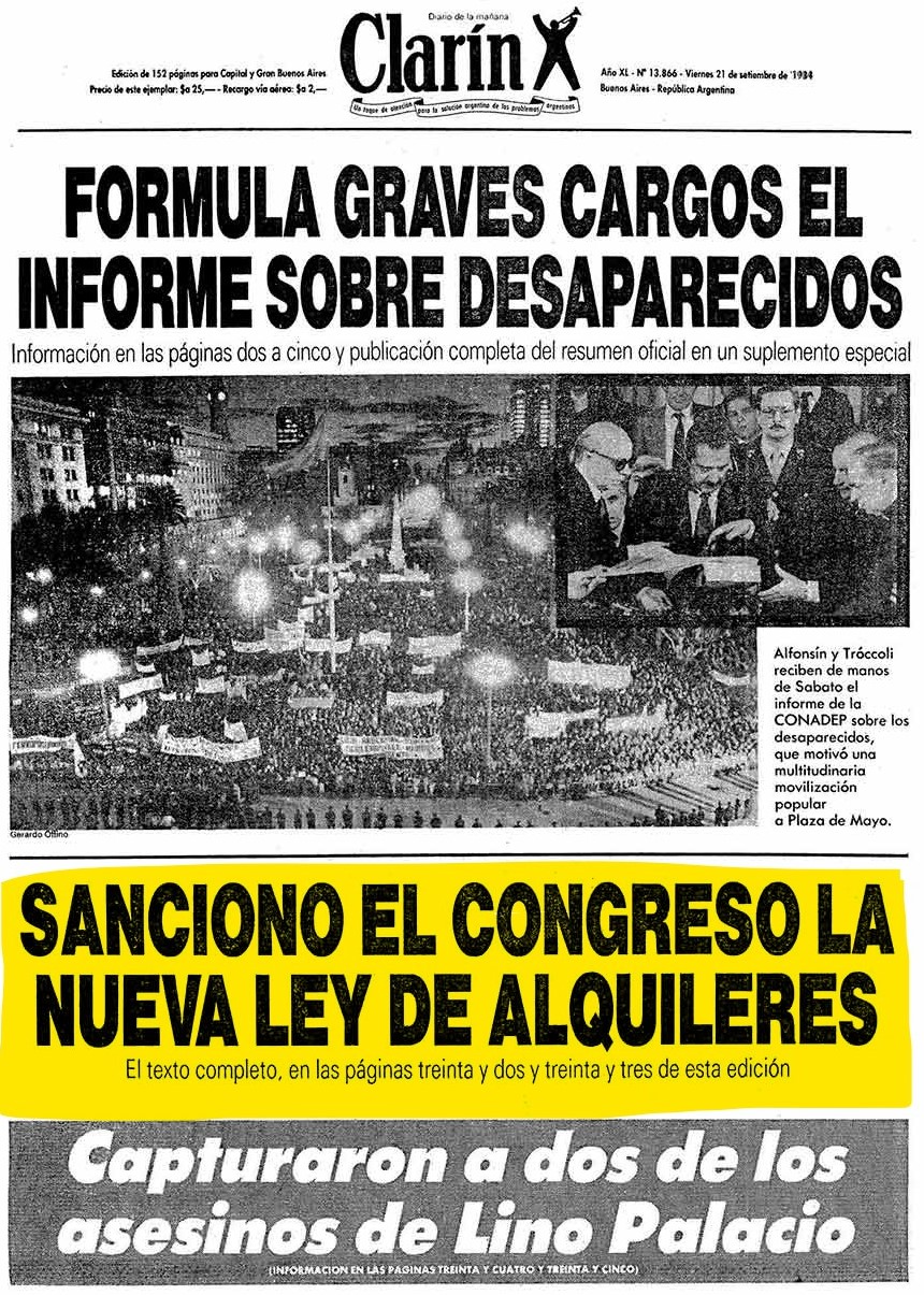 Tapa del diario Clarin del viernes 21 de septiembre de 1984